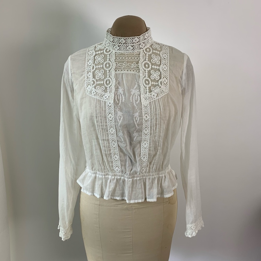 Victorian Style Lace Pintuck Peplum Blouse White